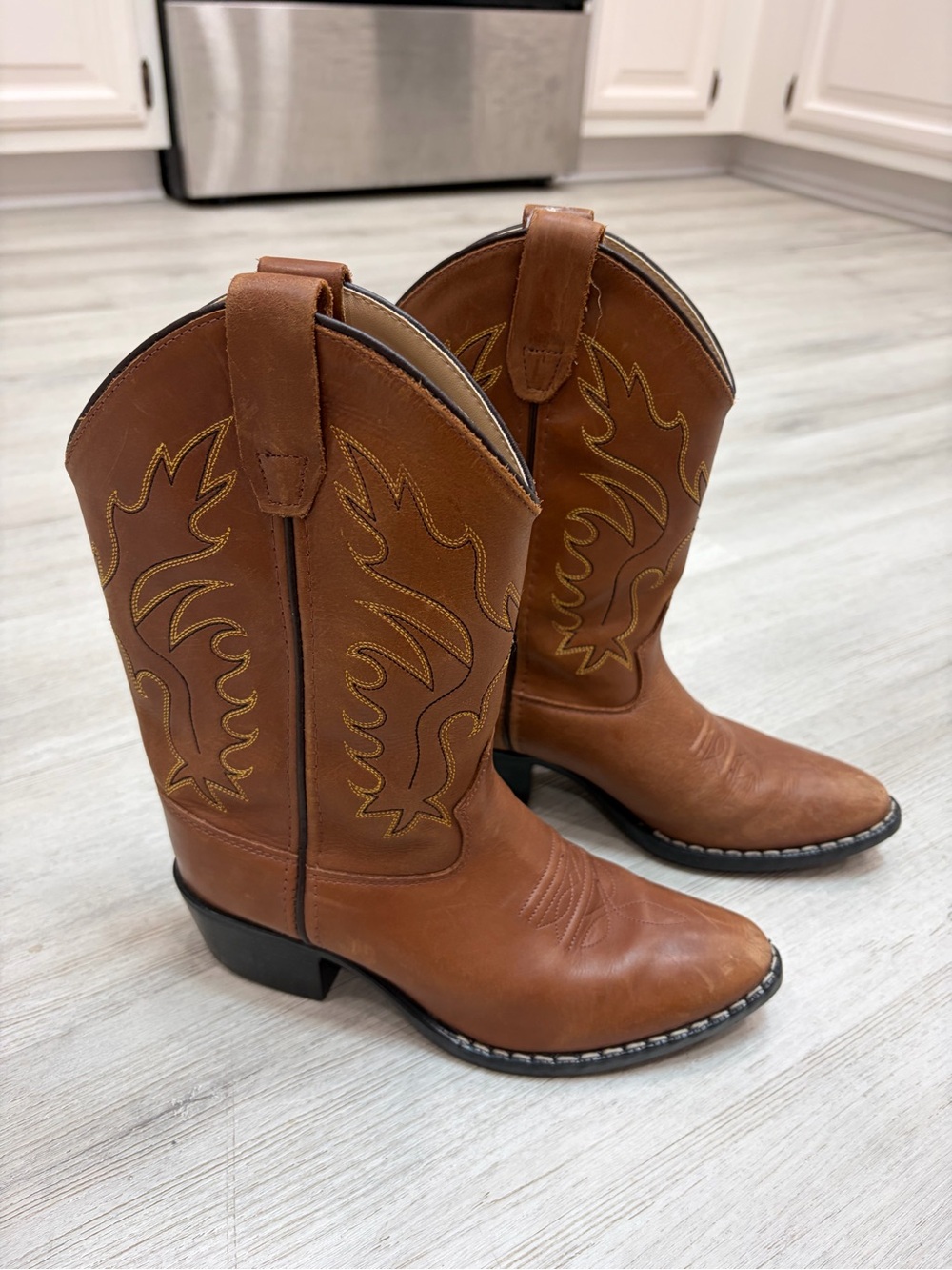 Old West Kids 8129 Tan/Brown Leather Western Cowboy Boots Size 3.0D - Picture 2 of 8